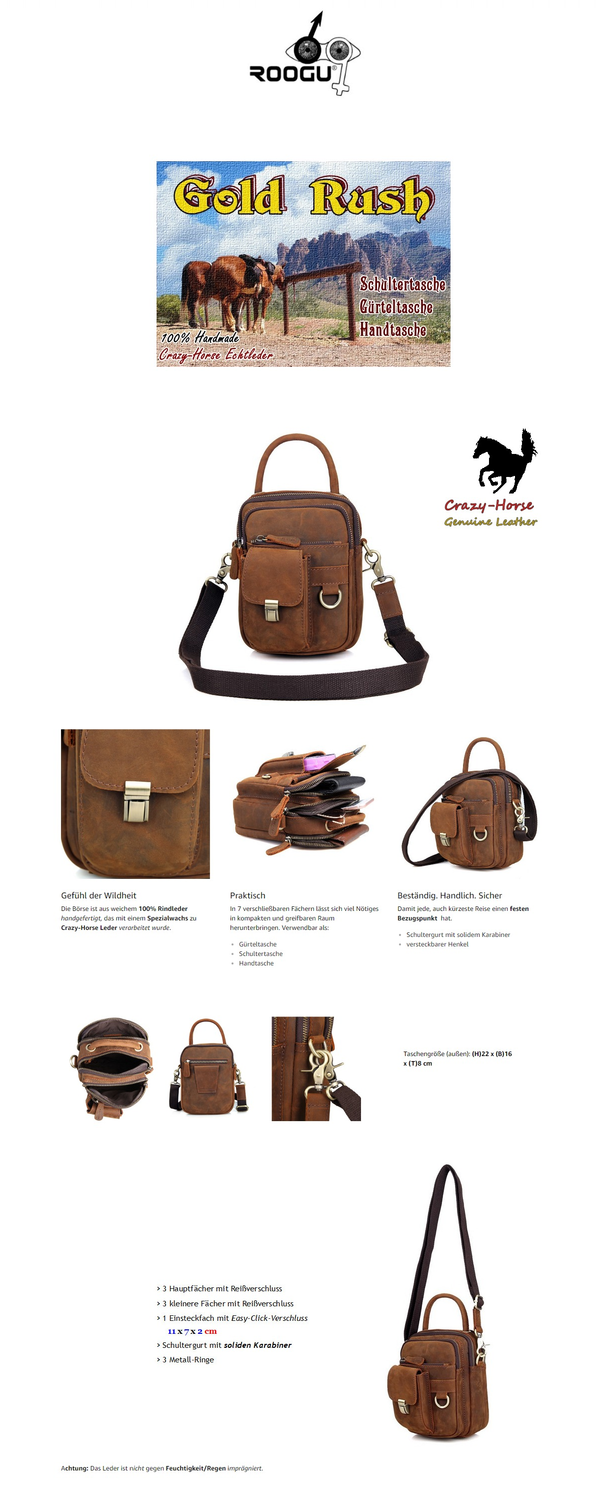  Die Börse ist aus weichem 100% Rindleder handgefertigt, das mit einem Spezialwachs zu Crazy-Horse Leder verarbeitet wurde. 